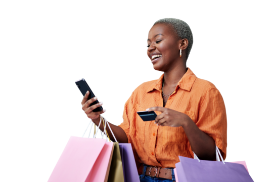 Bags, phone and black woman with a credit card, shopping and isolated on transparent png background. Female person, banking app and happy with transaction, payment and smile for promo or ecommerce