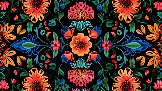 Mexican traditional embroidery pattern on a black background
