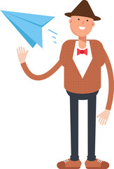 Man with Hat Character Holding Paper Plane

