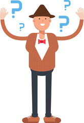 Man with Hat Character and Question Marks
