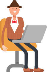 Man with Hat Character Working on Laptop
