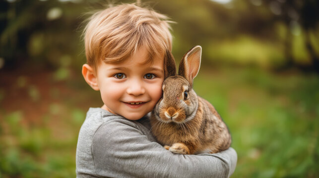 A child is holding a bunny in a warm, outdoor setting, embodying the festive spirit of Easter. Ai generative