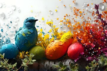 Obraz na płótnie Canvas Easter background with coloured eggs. AI generative. 