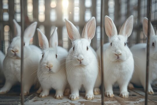 No to animal experimentation. White rabbits locked in a cage in a laboratory. Animal protection and law. No animal testing