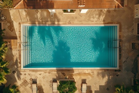 Overhead image of a swimming pool on a sunny, hot summer day on vacation.