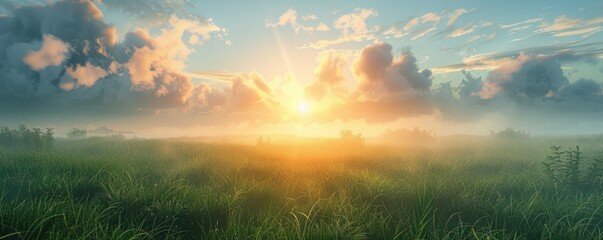 Open field at dawn, misty, dewy grass and sun peeking over horizon - obrazy, fototapety, plakaty