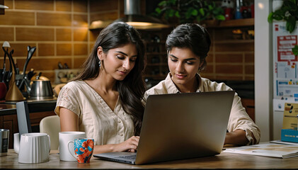 Two young businesswomen working on laptop computer at coffee shop Business and technology concept