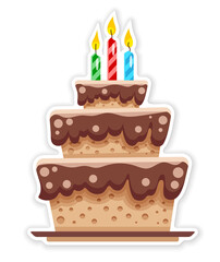 Birthday chocolate cake with candles. Flat design sticker with shadow isolated. PNG Illustration.