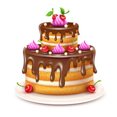 Birthday cake with chocolate creme and red cherries fruits isolated. Sweet dessert food for holiday celebration or children party. PNG Illustration.