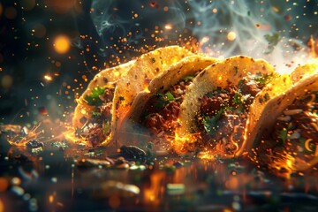 Vibrant Mexican Kitchen Tacos: Tasty Sparks Ignite in this Fantasy of Flavor. Advertise Your Culinary Delight with this Captivating Food Photo.