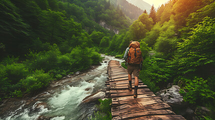 Backpacker walking on a wooden bridge over a water stream in a misty forest