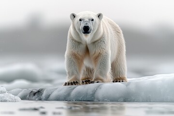 Polar bear standing isolated on melting piece of ice. Concept of global warming, endangered polar bear and climate change.