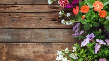 Fototapeta na wymiar Garden flowers and plants on isolated wooden board background with copyspace