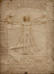 Vitruvian man, ancient drawing on paper