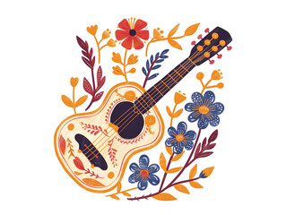 Drawing of a cartoon acoustic guitar and flowers on a white background