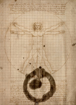 Vitruvian man, ancient drawing on paper