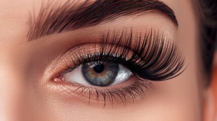 Obraz premium Extreme Long False Eyelashes Transforming a Female Eye. Close-up Macro Shot of Eyelash Extensions, Representing Makeup, Cosmetics, and Beauty