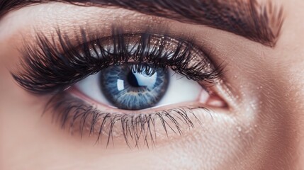 Extreme Long False Eyelashes Transforming a Female Eye. Close-up Macro Shot of Eyelash Extensions, Representing Makeup, Cosmetics, and Beauty