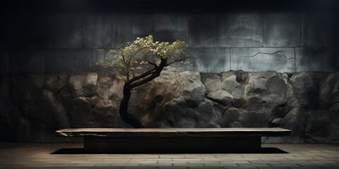   Bonsai Tree in a dark with vintage Barn Door Beauty and a stone Concrete wall background  