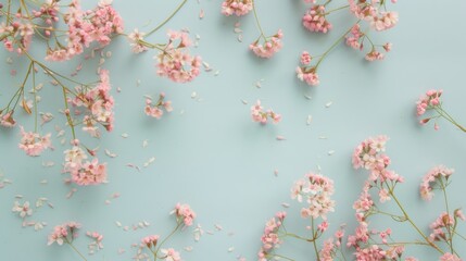 Romantic floral with tiny delicate pink waxflowers sprinkled over a pale pastel blue background