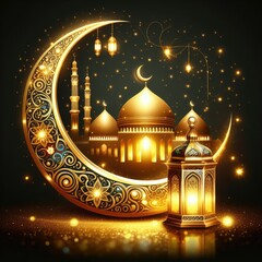 Radiant Ramadan Bliss: Crescent, Lantern, and Mosque Illuminate the Celebrations