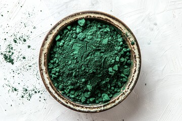 Obraz na płótnie Canvas Close-up shot vibrant green spirulina powder arranged in a bowl on white background