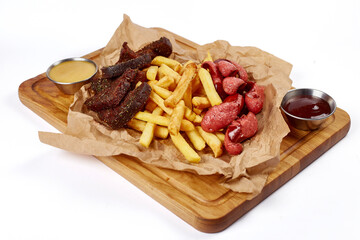 French fries, bacon and bread