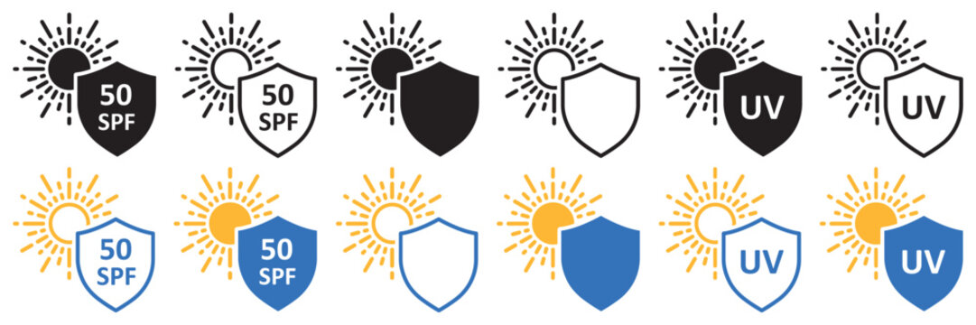 Set of sun protection shield icons. Protection from sun radiation and ultraviolet, SPF 50, UV. Sun block, radiation, shield and sun. Sun shield logo, vector.