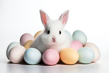 Fototapeta na wymiar White rabbit next to colored Easter eggs on a white background,ai generated