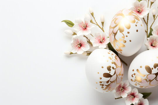 easter eggs and flowers on white background,copy space,ai generated