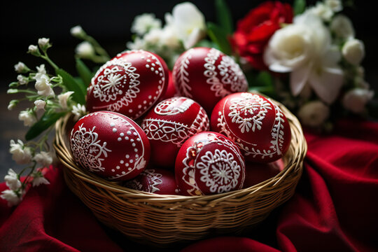 red easter eggs in a basket with spring flowers,ai generated
