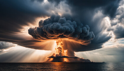 Nuclear Explosion concept illustration. Armageddon, new World War idea. Atomic bomb apocalyptic concept. Huge mushroom cloud. Explosive destruction. Toxic radioactivity. Horizontal cinematic image.