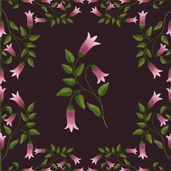 Pink spring flower. floral seamless pattern with Canberra bells flowers on dark background