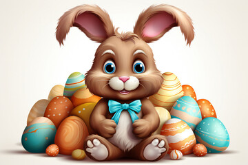A happy smiling Easter Bunny and colorful easter eggs,ai generated