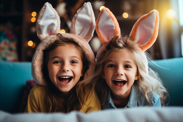 Happy children with rabbit ears, Easter holiday, birthday,ai generated