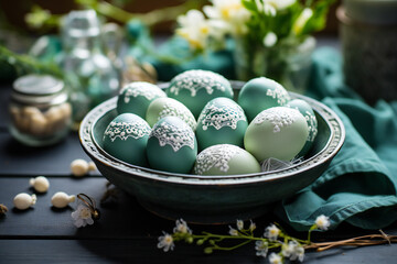 Green Easter eggs in a plate,ai generated