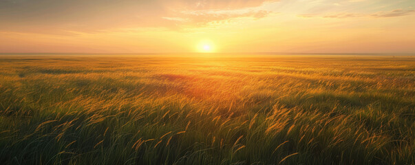Open field at dawn, misty, dewy grass and sun peeking over horizon