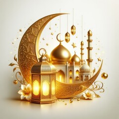 Golden Serenity: Crescent, Lantern, and Mosque Bring Radiance to Ramadan Celebrations