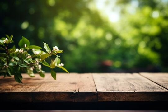 Empty wooden table in natural green garden outdoor. Product placement with sunday light.ai generated