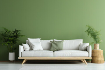 White sofa,green plants in room with green wall. Scandinavian, mid century home interior design of modern living room,ai generated