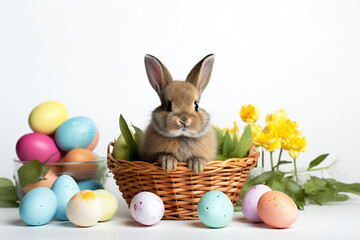A bunny in a basket, Easter decoration, colored Easter eggs on a white background,ai generated