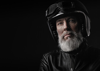 Portrait d'un motard biker homme avec un casque noir et une veste en cuir et des lunettes de...