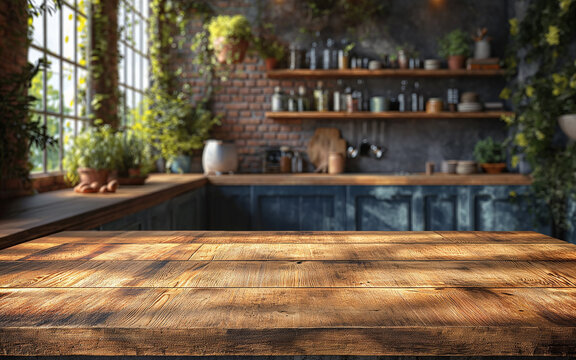 Empty beautiful wood table top counter and warm, modern, rustic modern kitchen interior background in clean and bright, Banner, Ready for product montage