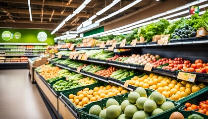 Various fruits, vegetables and eggs in organic section of supermarket
