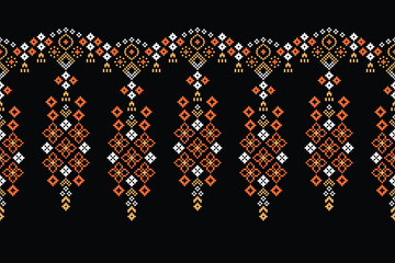 Traditional ethnic motifs ikat geometric fabric pattern cross stitch.Ikat embroidery Ethnic oriental Pixel black background.Abstract,vector,illustration. Texture,scarf,decoration,wallpaper.