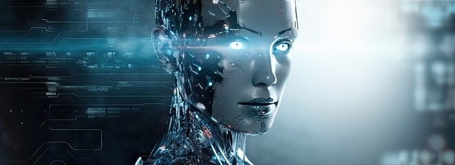 Artificial intelligence technology, machine learning, data exchange, Industry 4.0. Innovative futuristic robot - obrazy, fototapety, plakaty