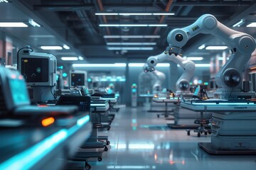 State-of-the-art futuristic hospital with the latest technology machines and robots that operate and assist the doctors with artificial intelligence. - obrazy, fototapety, plakaty