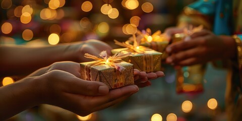 Generosity Unveiled - Illuminate the act of giving during Ramadan celebrations, showcasing hands extending gifts and alms, embodying the spirit of generosity that defines the season - obrazy, fototapety, plakaty