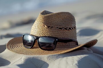 Straw hat and sunglasses on the beach sand.