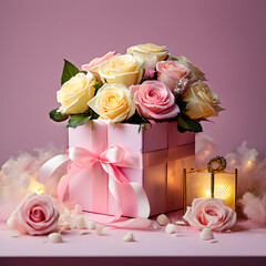 pink roses and gift box
Generative AI